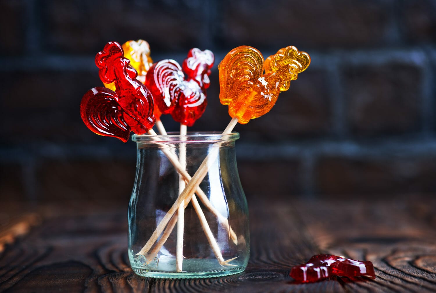 Candy roosters in a jar