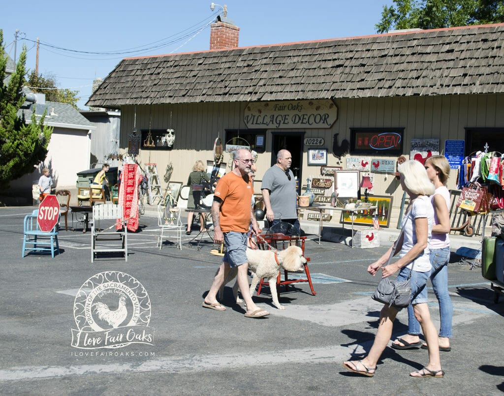 people walking dog and shopping in fair oaks village