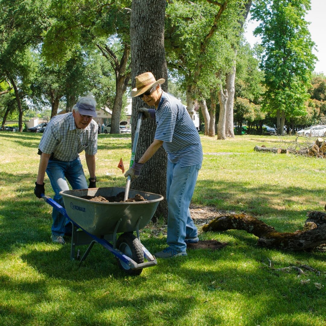 two men with a wheelbarrow