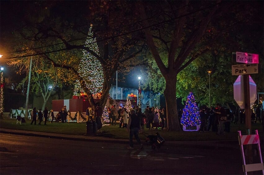 Fair Oaks Village Park with Christmas tree and lights